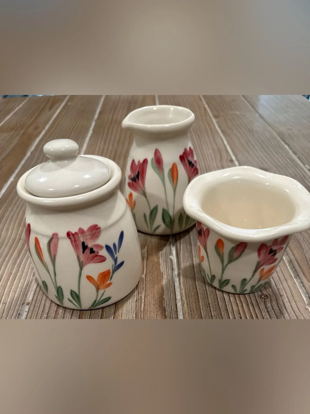 Emerson Creek Pottery Wildflower 3pc Sugar Creamer Set 2011 Bedford VA Handmade